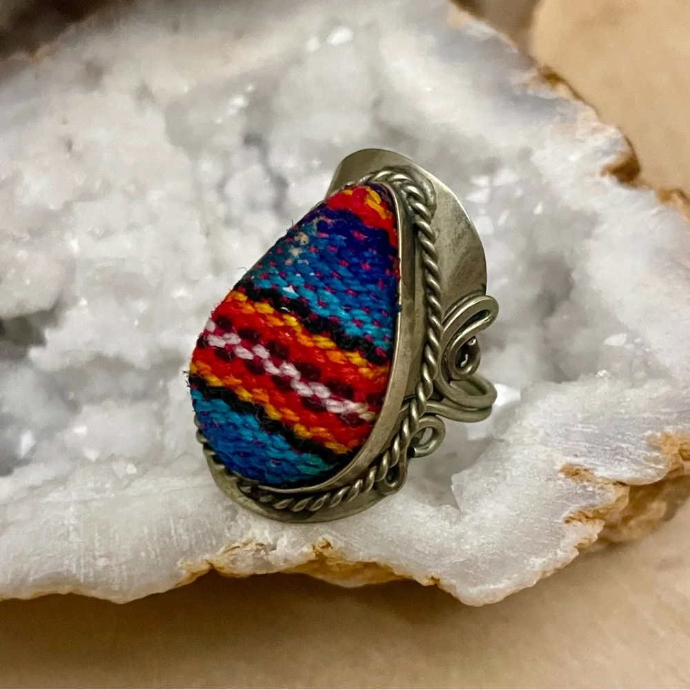 Vintage Handmade Peruvian Manta Colored Wool Ring Size 8